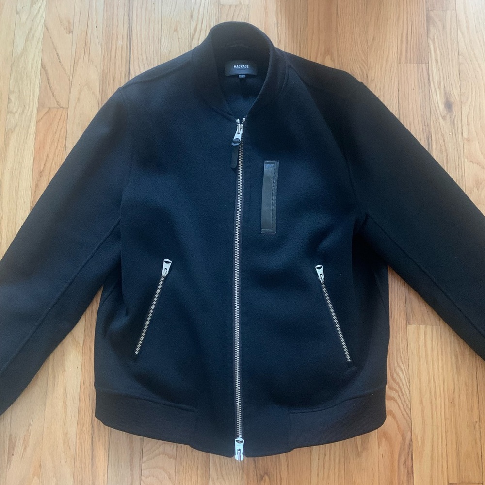 Mackage virgin wool double lined bomber jacket w metal hardware & leather trim